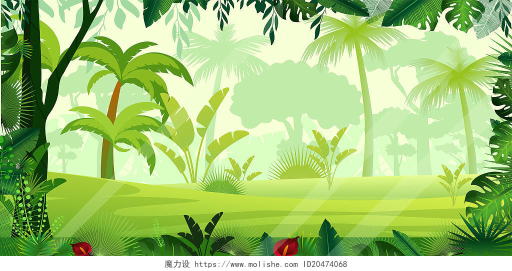 绿色小清新树林丛林花草森林展板背景